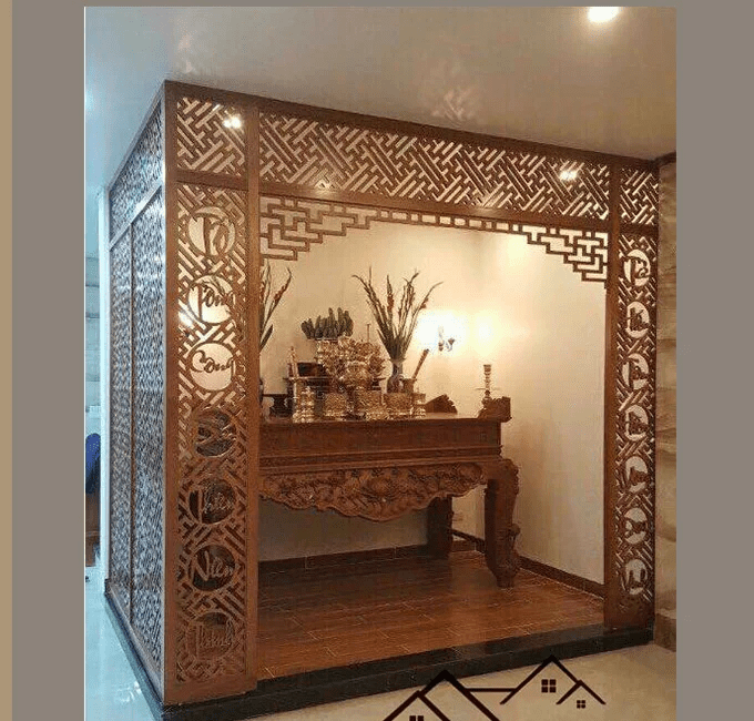 Mẫu bình phong gỗ che bàn thờ cho nhà chung cư diện tích nhỏ