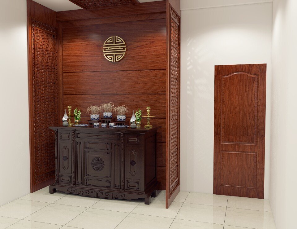 Mẫu vách ngăn phòng thờ gỗ mdf cho nhà chung cư