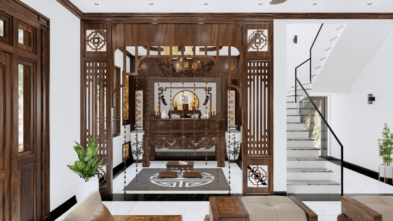 Mẫu vách ngăn phòng khách có bàn thờ đẹp