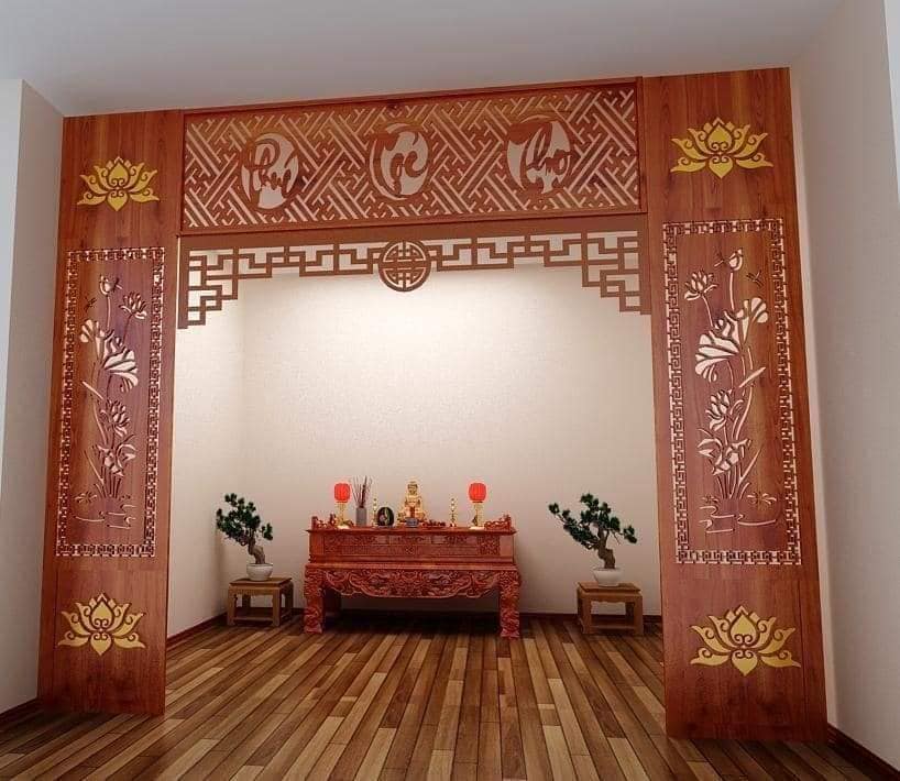 ​Mẫu vách ngăn phòng thờ khắc hoạ tiết tinh xảo