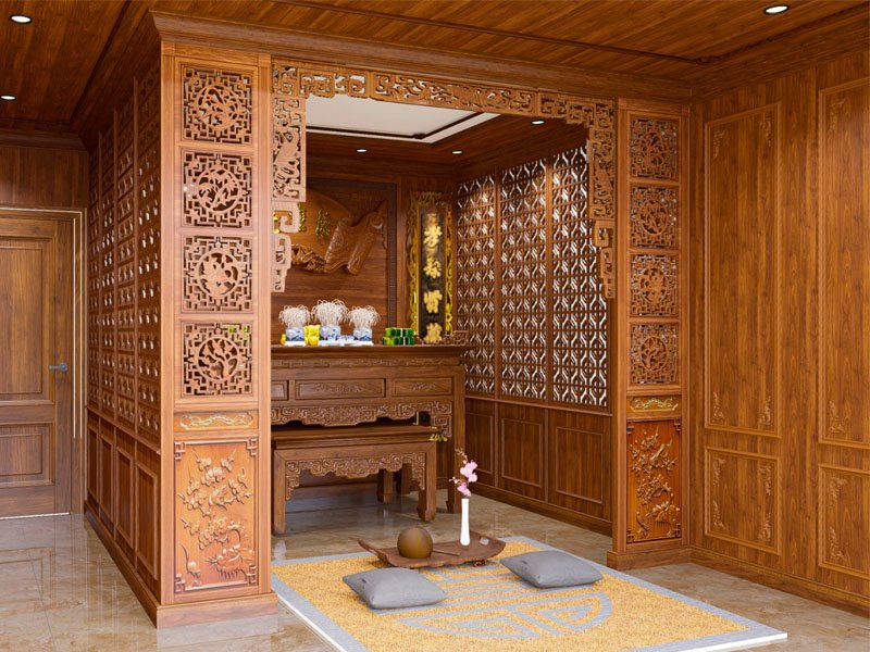 Vách ngăn CNC phòng thờ gỗ tự nhiên được chạm khắc phức tạp, đẹp ấn tượng