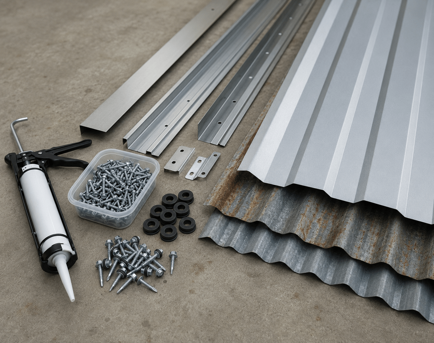 Vít mới, keo trám, thanh nẹp và dụng cụ phù hợp cần được chuẩn bị trước khi bắt đầu sửa mái 