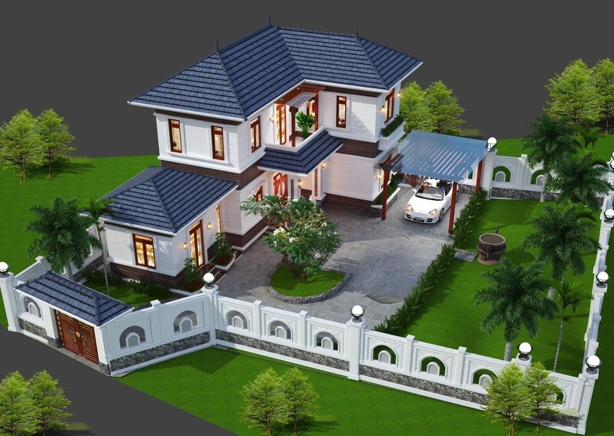 Nếu diện tích đất lớn, bạn có thể thỏa sức thiết kế nhà với sân vườn rộng rãi, có sân vườn, tum