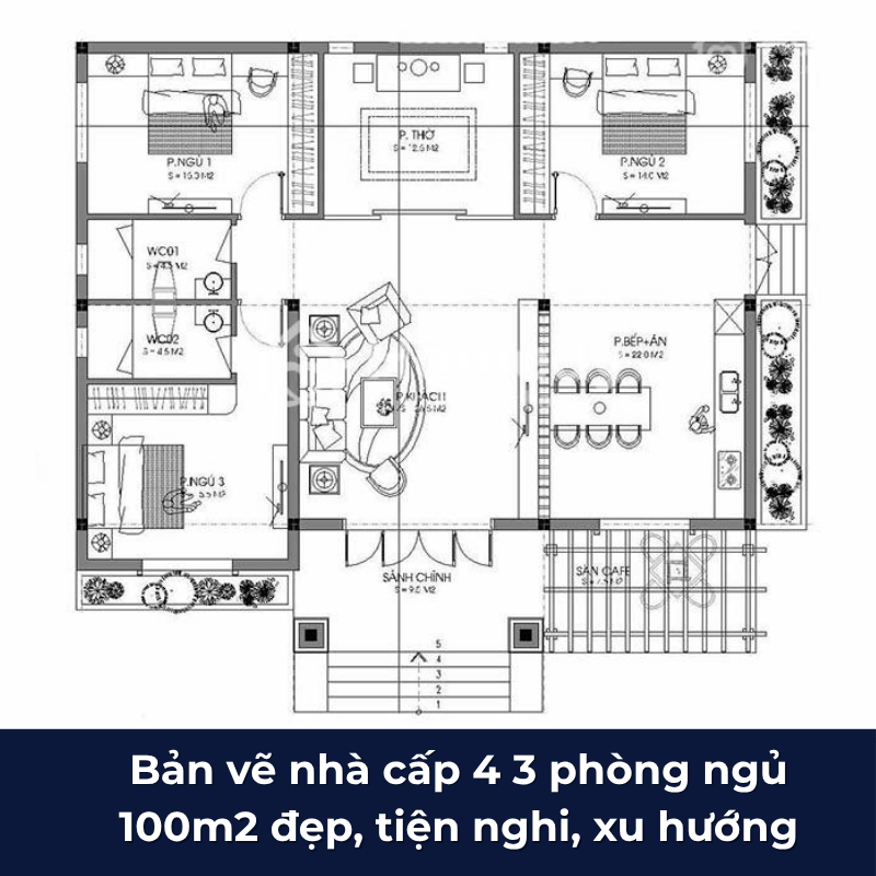 Bản vẽ nhà cấp 4 phòng ngủ 100 m2 đẹp, hiện đại, đầy đủ công năng 
